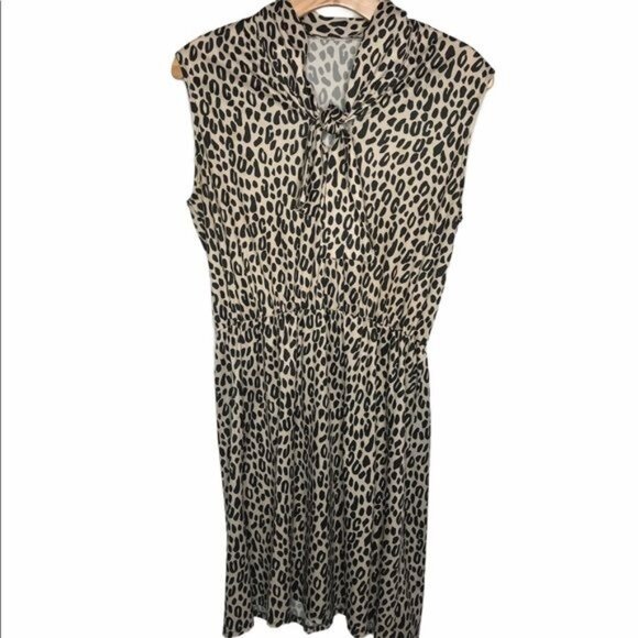 Vintage Tie Neck Black and Tan Leopard Print Mini Dress Size M - Picture 1 of 4